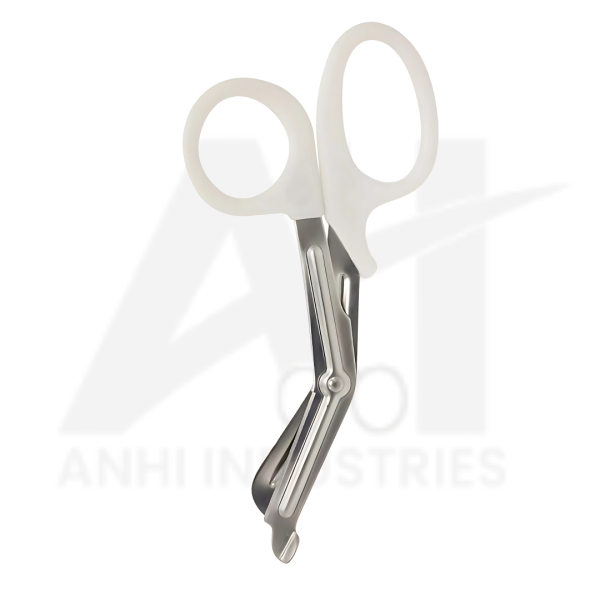 “Medical bandage scissors with serrated blade and plastic handle”