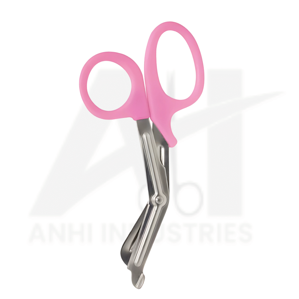 “Medical bandage scissors with serrated blade and plastic handle”